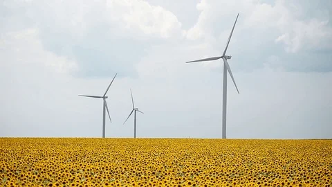 Wind turbines in a wind farm with a dramatic stormy sky in the background Video stock 113408388