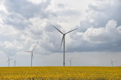 Wind turbines in a wind farm with a dramatic stormy sky in the background Stock Photos
