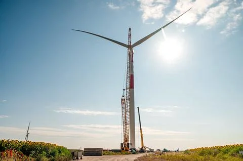 Wind turbines in the wind park under construction in the Samara region Stock Photos