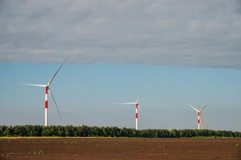 Wind turbines in the wind park under construction in the Samara region Stock Photos