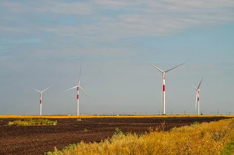 Wind turbines in the wind park under construction in the Samara region Stock Photos