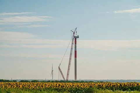 Wind turbines in the wind park under construction in the Samara region Stock Photos