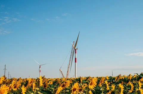 Wind turbines in the wind park under construction in the Samara region Stock Photos