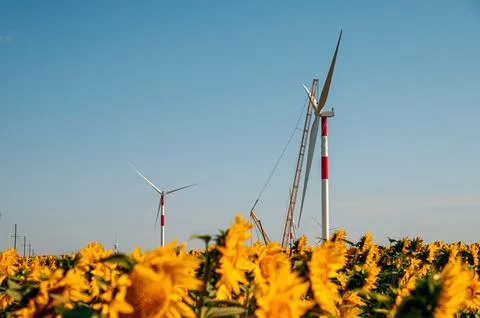 Wind turbines in the wind park under construction in the Samara region Stock Photos