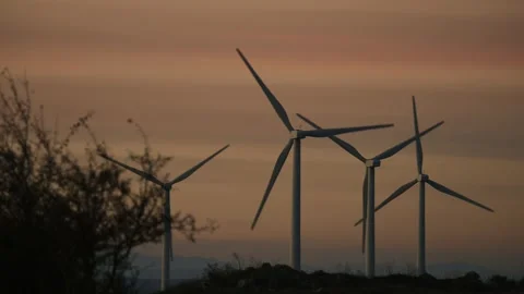 Wind turbines working at sunset Stock Footage 288015102