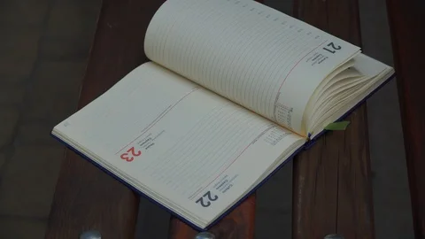 Wind turns the pages of open Notebook lies bench in park, business concept Stock Footage 93341354