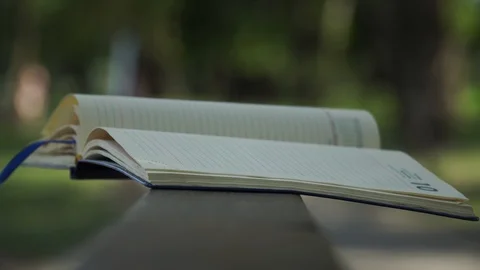 Wind turns the pages of open Notebook lies on handrail in park, business concept Stock Footage 93341994