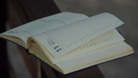 Wind turns the pages of open Notebook lies on handrail in park, business concept Stock Footage 93346114