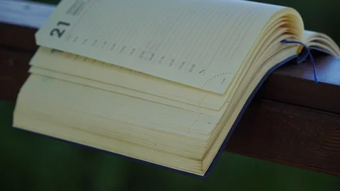 Wind turns the pages of open Notebook lies on handrail in park, business concept Stock Footage 93346438