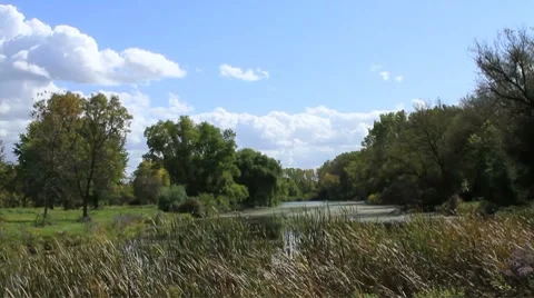 Wind whips clouds across a pond Stock Footage 8778214
