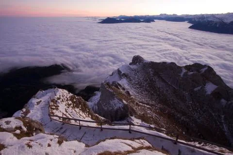 Windegg mountain with rigi mountain range over clouds, pilatus mountain range 스톡 사진