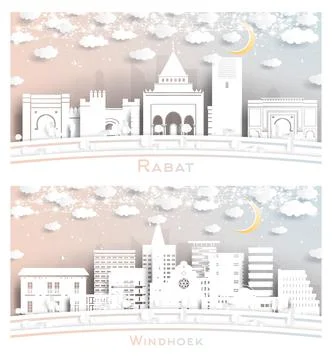 Windhoek Namibia and Rabat Morocco City Skyline Set. Stock Illustration