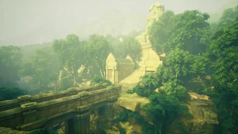 Winding ancient pathway cloaked by trees and mist Purposes forgotten Stock Footage 341569686