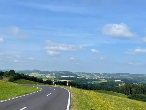 Winding Asphalt Road Green Fields Rolling Hills Blue Sky Photos