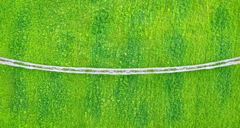 Winding asphalt road over fields of green grass. Aerial minimalistic backdrop Stock Photos