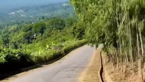 A winding asphalt road through a tranquil hilly village. Stock Footage 336477599