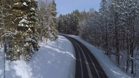 Winding black asphalt road between spruce forest during snowy winter Stock Footage 88745454