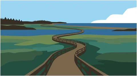 Winding boardwalk path through coastal marshland at daytime with boardwalk Stock Illustration