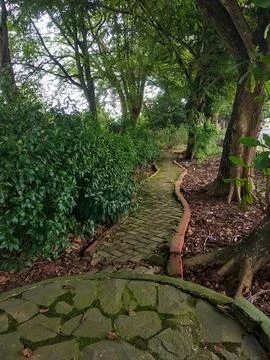 A winding brick path through a lush green park with trees and leafy bushes Stock Photos