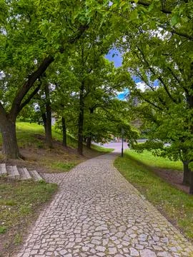 A winding cobblestone path sweeps through a lush, green park Stock Photos