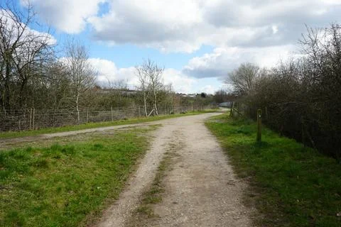 Winding Dirt Path, Bare Trees, Fence, North East Derbyshire, England. Stock Photos