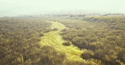 Winding dirt path through grassy fields under hazy sky at golden hour Stock Illustration