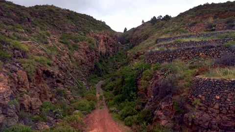 Winding Dirt Path Through Volcanic Ravine and Stone Terraces in Tenerife Stock Footage 338180833