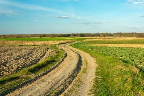 A winding dirt road through fields and blue sky Stock Photos