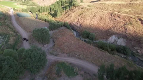 Winding dirt track on Chalus Road weaves through trees and dry slopes, a rural Stock Footage 343907689