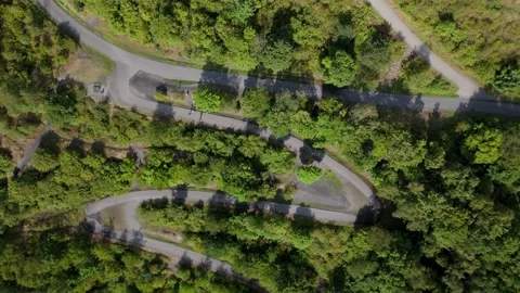 Winding Forest Road Top Down Aerial Through Green Woodland like hairpin Stockbeeldmateriaal 336451800