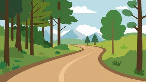 Winding Forest Road with Trees and Mountains 스톡 일러스트