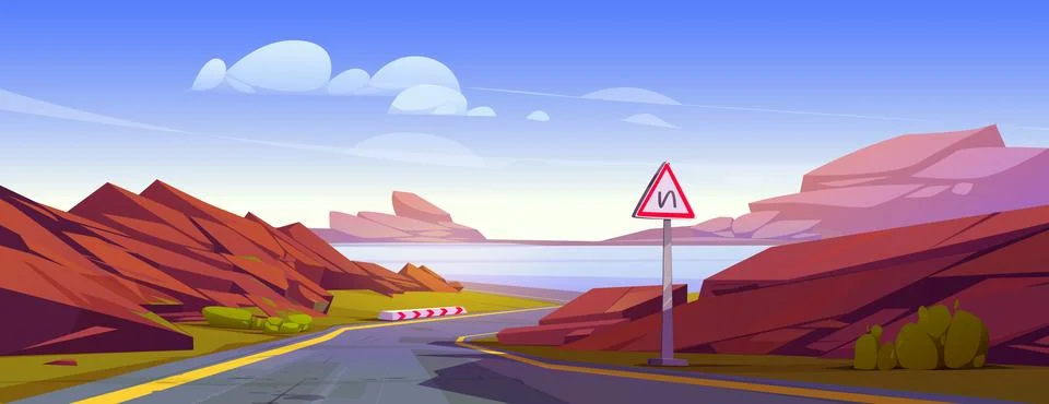 Winding highway with mountain and lake landscape Stock Illustration