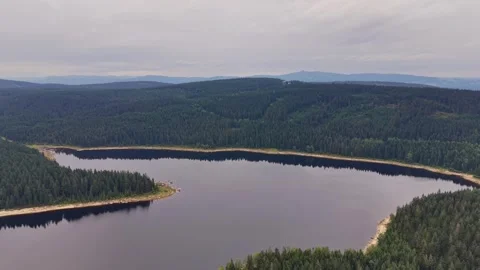 Winding lake surrounded by dense evergreen forest aerial view with distant Stock Footage 345170910