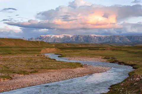 Winding mountain river through remote highlands near Kel Suu, Naryn Region,.. Stock Photos