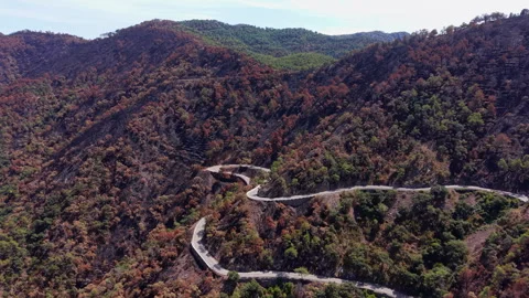 Winding mountain road cutting through fire-damaged hillsides with scorched Stock Footage 345103379