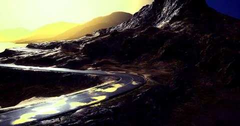 Winding mountain road under a dramatic sunset sky with vibrant colors Stock Illustration