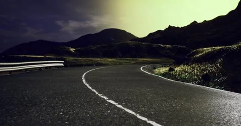 Winding mountain road under a starry night sky with dramatic lighting effects Stock Illustration