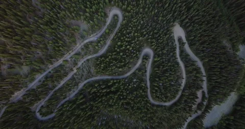 Winding mountain switchbacks cutting through dense forest and steep slopes Stock Footage 328513515