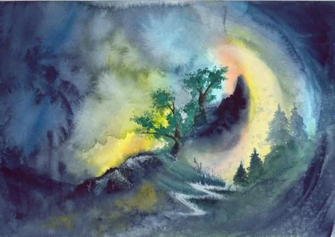 Winding mountain trail with a crescent moon Stock Illustration