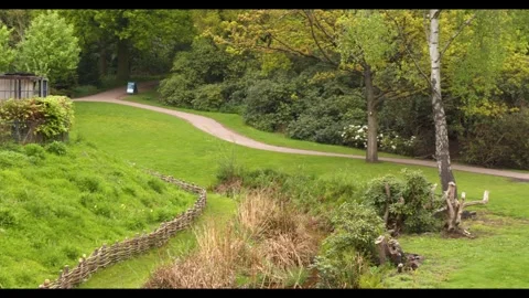 Winding park path through lush green landscape with trees and a rustic fence Stock Footage 326368957