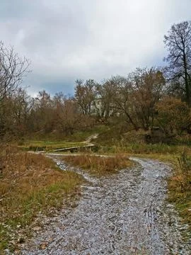Winding path through grass and snow in the park, autumn landscape. Stock Photos