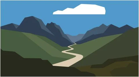 Winding path through green mountain valley illustration with mountains, abs.. Stock Illustration