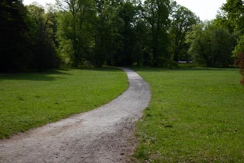 Winding path through green park on sunny day. Stock-Fotos