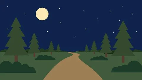 Winding Path Through Pine Forest Under Full Moon Illustrazione stock