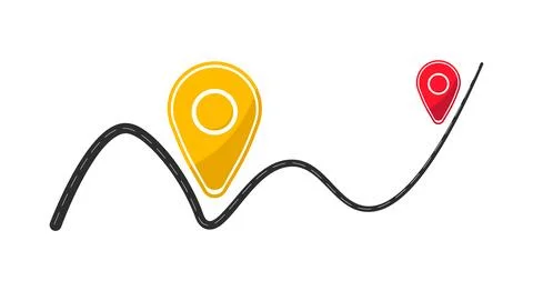 Winding path with two location markers, yellow and red pins, travel path Illustrazione stock