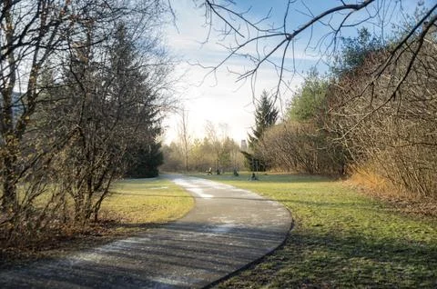 A winding path in a winter park, with the light of the sunset casting shado.. Stock Photos