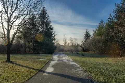 A winding path in a winter park, with the light of the sunset casting shado.. Foto stock