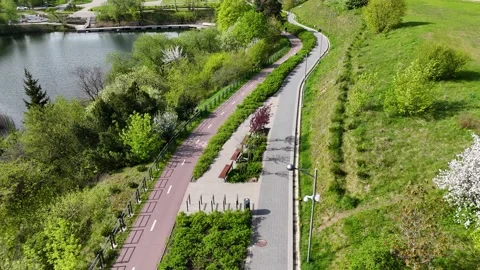 Winding Pathway by the Lake in a Lush Park Stock Footage 296219639