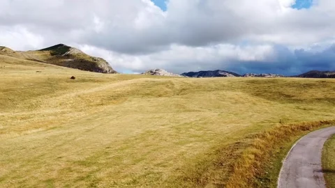 Winding paved road curving through mountain meadows in Durmitor Stock-Footage 342751046