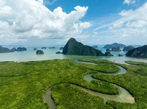 Winding River Channel Flows Through Lush Mangrove Forest Towards Karst Isla.. Stock Photos